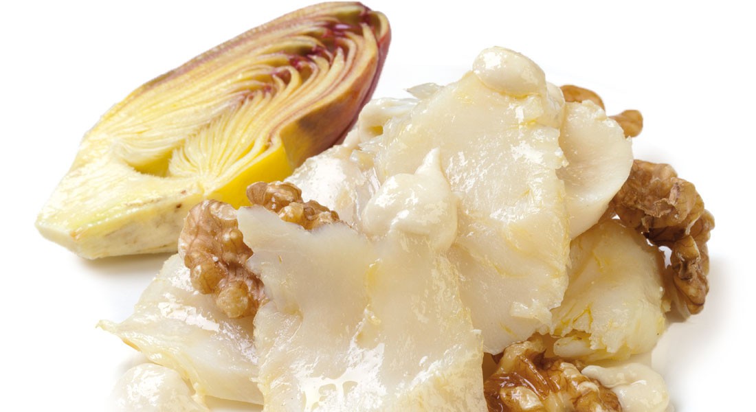 Insalata di stoccafisso con carciofi e salsa di Noci Ventura