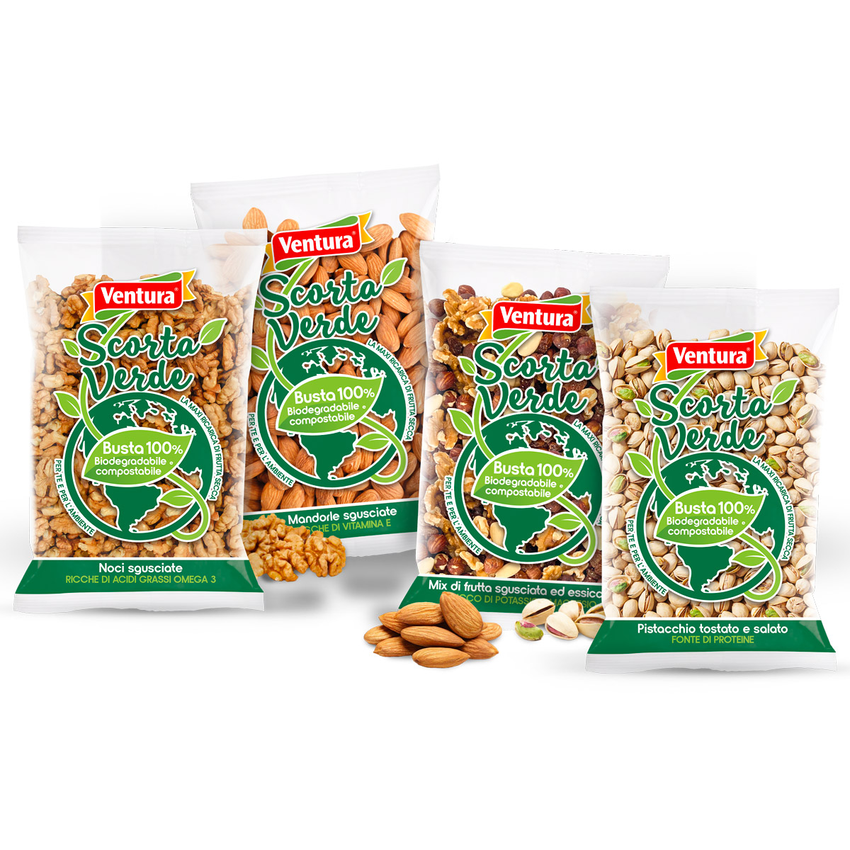 Selezione Scorta Verde <span>Selezione di prodotti a base di Frutta Secca Ventura imbustata in confezioni compostabili</span>